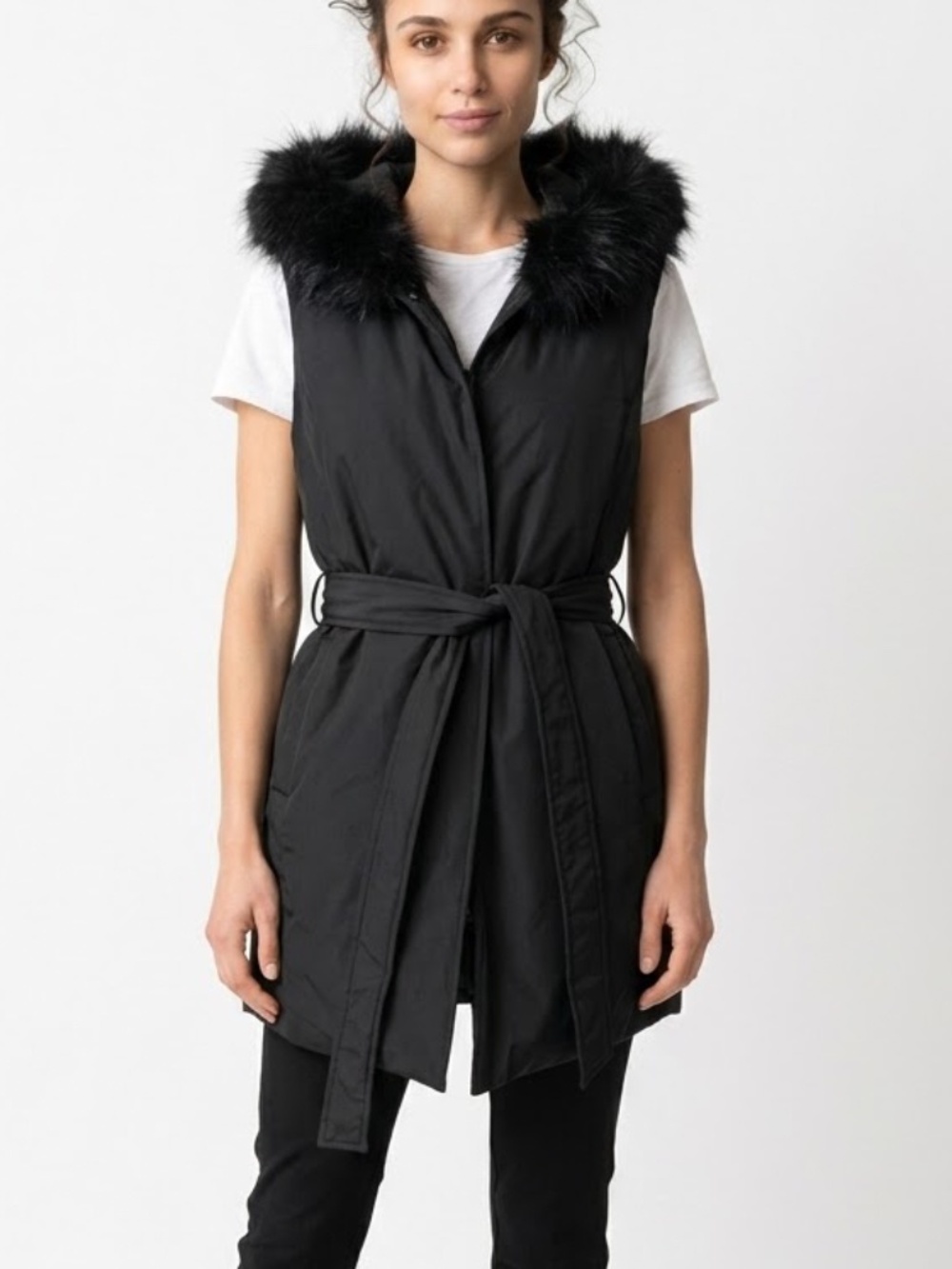 B-SHARP • NWT Classy Carol Faux Fur Belted Long Vest Black Medium